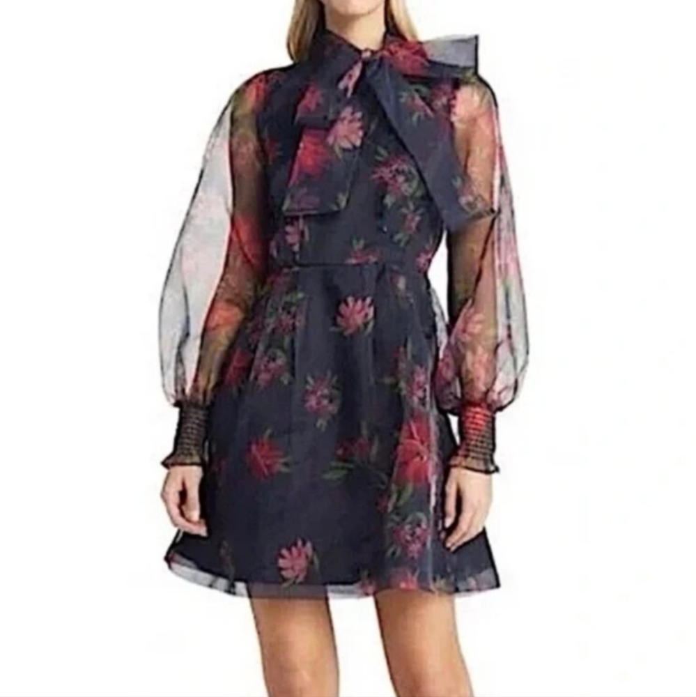 Rachell Parcell Women's Black Floral Tie Neck Organza Floral Mini Dress - Picture 4 of 8